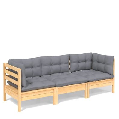 3-Sitzer Gartensofa aus Kiefer mit Grauen Kissen