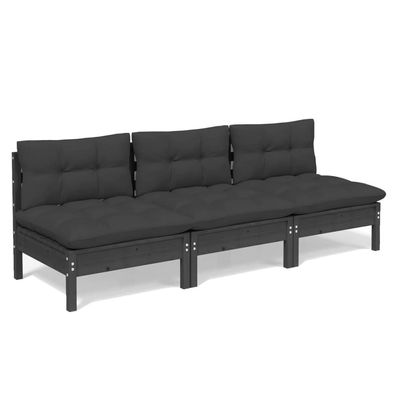 3-Sitzer Gartensofa Schwarzes Kiefernholz mit Anthrazit Kissen