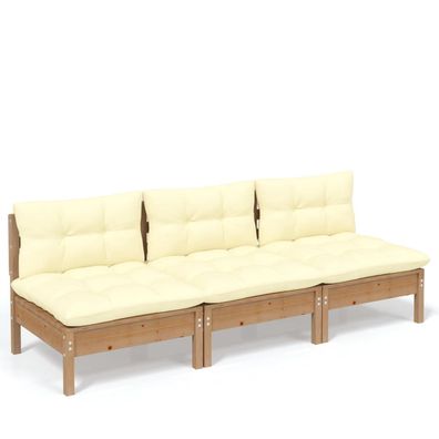 3-Sitzer Gartensofa aus Kiefernholz mit Cremeweißen Kissen