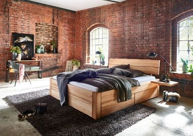 Bett Herning 140x200 Sonderhöhe 54 Kernbuche Kopfteil 1 Schubkasten 2 Blenden