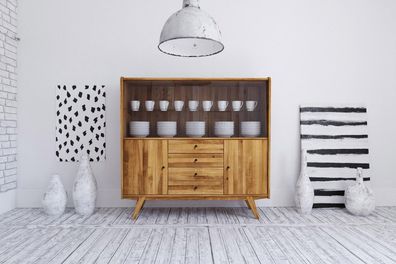 Vitrine Jetro Wildeiche massiv 160x154x50 cm 2 Türen 4 Schubladen 1 offenes Fach