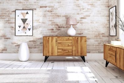 Kommode Rolo aus Wildeiche massiv 136x45x81 mit 2 Türen 3 Schubladen Metallbeine