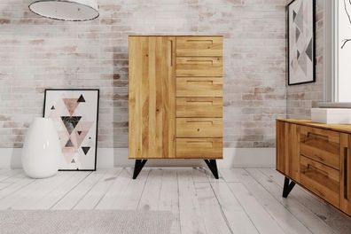 Kommode Rolo aus Wildeiche massiv 91x45x140 mit 1 Tür 6 Schubladen Metallbeinen
