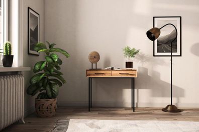 Schminktisch Seiba Wildeiche massiv 97x45x80 mit 2 Schubladen und Metallbeinen