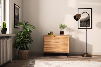 Kommode Seiba Wildeiche massiv 97x45x80 mit 4 Schubladen und Metallbeinen