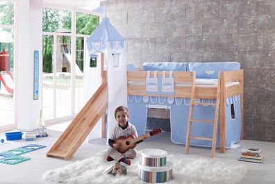 Halbhohes Einzelbett Kim Buche massiv 90x200 cm mit Rutsche und Textilset