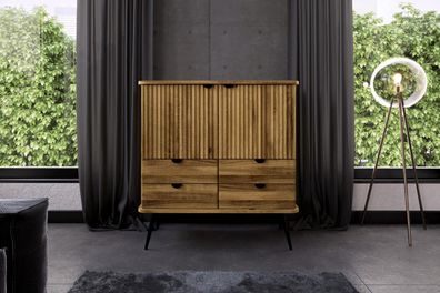Kommode Tula Wildeiche massiv 97x46x102 mit 4 Schubladen 2 Türen Riffelfront