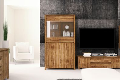 Vitrine Tinci aus Wildeiche massiv 100x45x180 mit 2 Glastüren 2 Türen Holzbeinen