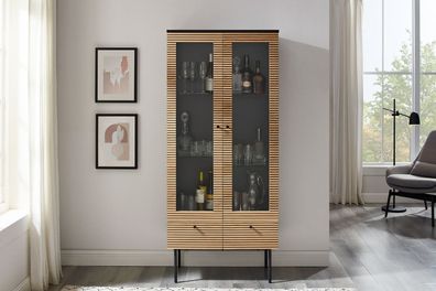 Vitrine 79 x 43 cm MDF Schwarz Eichenholzfurnier geriffelt 2 Türig mit Glas