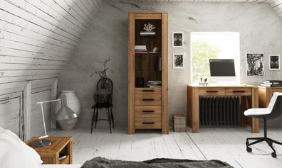 Vitrine Lubic Wildeiche massiv 67x45x205 mit 1 Tür Glas 3 Schubladen Holzbeinen