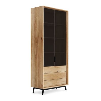 Vitrine Loft Eichenholz Natur Schwarz 2-Türig mit Schubladen 100 x 45 x 185 cm