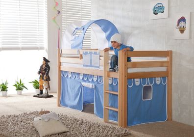 Halbhohes Einzelbett Alex Buche massiv 90x200 cm Natur lackiert mit Stoff-Set