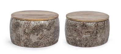 Beistelltisch 2er Set Kalindi Metallgestell Antik-Silber Mango-Holz Tischplatte