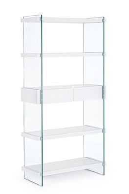 Bücherregal Kenya 90 x 39 x 180 cm aus Glas und MDF in weiß mit Schubladen