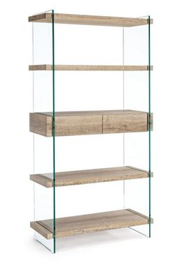 Bücherregal Kenya 90 x 39 x 180 cm aus Glas und MDF in Holz-Optik mit Schubladen