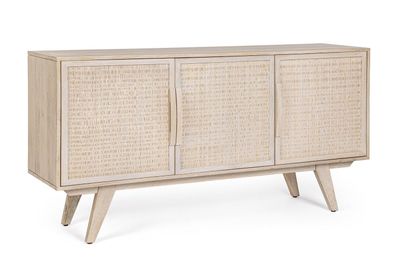 Sideboard Sahana 155 x 40 x 80 cm Mango-Holz Natur mit Rattanfront 3-Türig