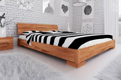 Bett Bento 5 aus Kernbuche massiv 180x200 cm mit Holzkopfteil und Holzbeinen