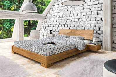 Bett Bento 3 Sonderlänge 180x210 Wildeiche massiv mit Holzkopfteil und Holzbeine