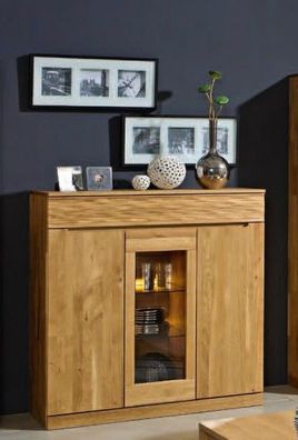 Highboard Arcona 120x127 Wildeiche Riffelfront 1 Glastür 2 Holztüren 1 Schublade