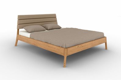 Bett Swig 2 Wildeiche massiv 180x200 mit Polsterkopfteil Beige und Holzbeinen