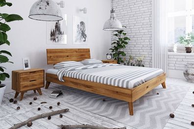 Bett Gerg 1 Sonderlänge 100x190 Wildeiche massiv mit Holzkopfteil und Holzbeinen