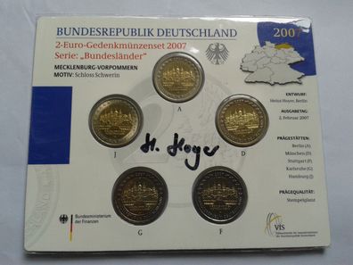 Original 5 x 2 euro 2007 ADFGJ Schweriner Schloss vom Künstler H. Hoyer signiert