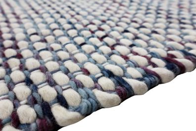Teppich Sunshine Handwebteppich 170x230 cm 100% Wolle Rug Handgewebt creme blau