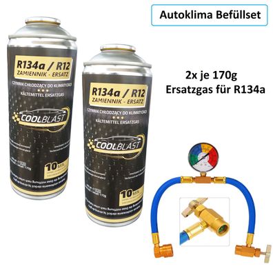 R134a / R12 Ersatz Kältemittel für Auto Klimaanlage 2x 170g mit Befüllschlauch