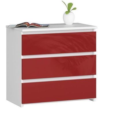 Nachttisch AKORD CL3 Weiß mit 3 Schubladen Front Rot Glanz B60 x H57 x T35 cm