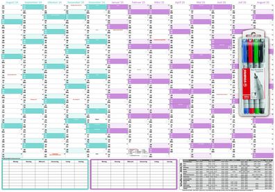 Schuljahreskalender DIN B1 2024/25 abwischbar Stifteset glänzend 08/24-08/25