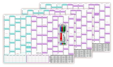 3x Schuljahreskalender DIN B1 2024/25 abwischbar Stifteset glänzend 08/24-08/25