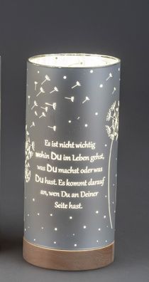 Frühlingsdekoration 1 Stück Deko-Licht 15cm mit Spruch und Timer- silber m. Holzsocke