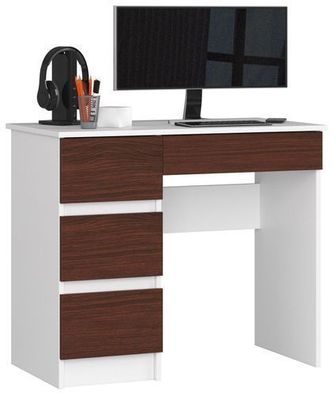 PC-Schreibtisch AKORD A7 links Weiß mit 4 Schubladen Front Wenge B90 x H77 x T50 cm