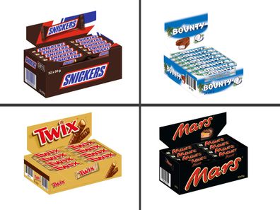 32 Snickers/32 Mars/32 Twix/24 Bounty = 120 Stk. - Mindestmenge 2 Pakete = 240 Stk