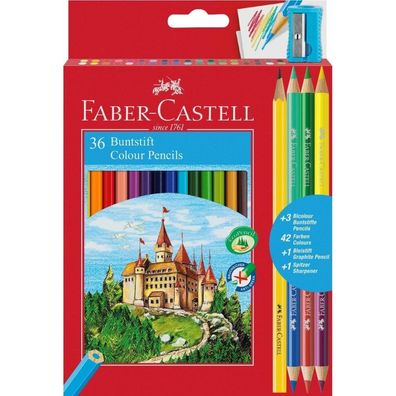 Faber-Castell Buntstifte 36 Stück + Bleistiftspitzer, Bleistift und Duo-Buntstifte