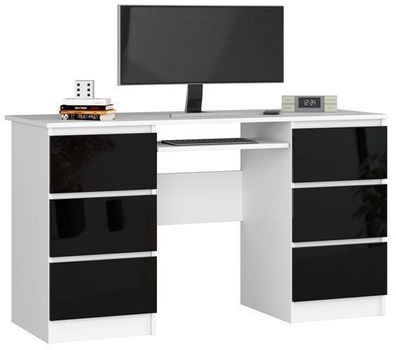 PC-Schreibtisch AKORD A11 Weiß mit 6 Schubladen Front Schwarz Glanz 135 x 77 x 50 cm