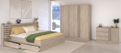 Parisot Schlafzimmer komplett Set mit Bett 140 cm Kleiderschrank Kommode Eiche Escale
