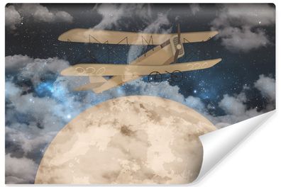 Muralo Vlies Selbstklebende Fototapete Flugzeug Mond Sterne Wolken Nacht