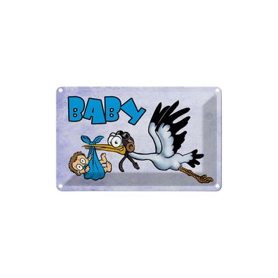 Blechschild 18x12 cm - Baby Storch bringt Kind in blau