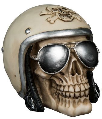 Spardose Totenkopf mit Motorradhelm und Sonnenbrille