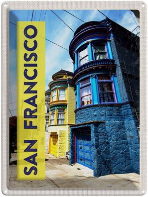 Blechschild 30x40 cm - San Francisco Amerika Häuser Blau Gelb