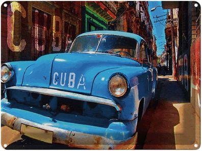 Blechschild 30x40 cm - Kuba Auto Blauer Oldtimer