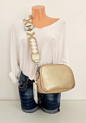 Umhängetasche Schultertasche Cross Body Bag Kunstleder breiter Gurt Gold