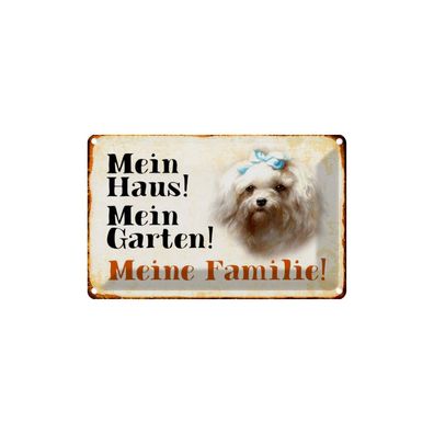 Blechschild 18x12 cm - Hund Malteser Mein Haus Garten Familie