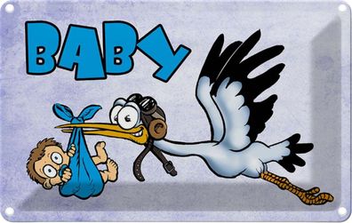 Blechschild 20x30 cm - Baby Storch bringt Kind in blau