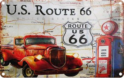 Blechschild 20x30 cm - Us Route 66 Oldtimer Tankstelle