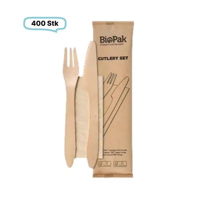 SET: Holzbesteckset Premium Messer und Gabel inkl. Serviette Einwegbesteck, 400 Stk,