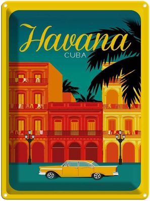 Blechschild 30x40 cm - Havana Cuba Zeichnung Gelbes Auto