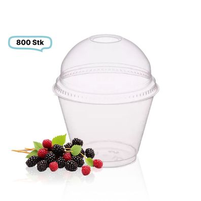 SET: Smoothie Cups 225ml + Deckel mit Loch - 800 Stück, transparentes recyceltes PET