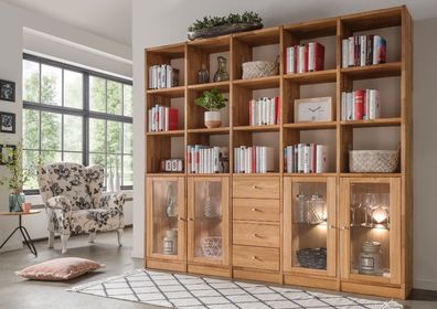 Anbauwand Wohnwand Wildeiche massiv Regalkombination Bücherwand Türen Schubladen
